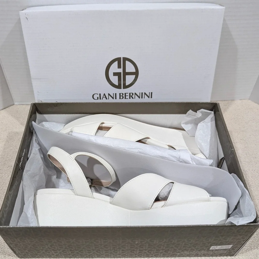 Giani Bernini White Linen Wedge Sandals Platform Ankle Strap Open Toe 9 M NIB